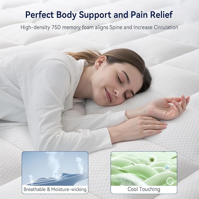 ELEMUSE RV King Dual Layer 3 Inch Memory Foam Mattress Topper, 2 Inch Cooling Gel Memory Foam Bed Pad and 1 Inch Soft Pillow Top Mattress Pad for Back Pain Relief & Hot Sleepers