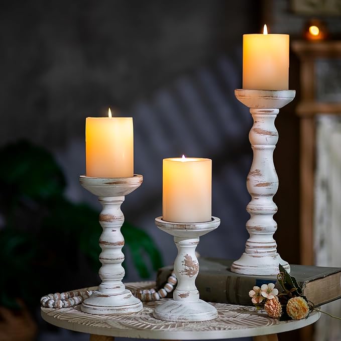 Romadedi Wood Candle Holders for Pillar Candles - Set of 3 Tall Farmhouse Wooden Candlestick Holder, Rustic Candle Stand for Fireplace Mantle Shelf Table Home Decor, Brown Whitewashed 6"/ 8.3"/11.8"