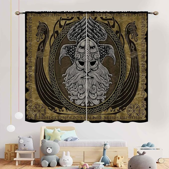 Norse Viking Curtains, Nordic Warriors Sword Celtic Rune Scandinavian Aesthetic Nation Valknut Mythology Window Drapery for Bedroom Living Room Bathroom 2 Panels, 42"x63" Inch
