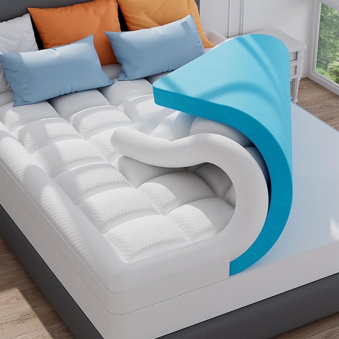 ELEMUSE California King Size Dual Layer 3 Inch Memory Foam Mattress Topper, 2 Inch Cooling High Density Memory Foam Bed Pad and 1 Inch Plush Feel Pillow Top Mattress Topper Cover for Back Pain Relief