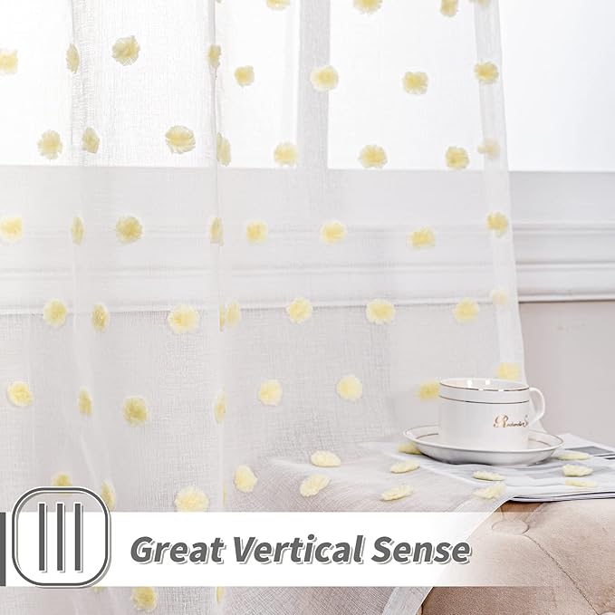 MYSKY HOME 95 Inch Length Long Pom Pom Curtains for Bedroom, Living Room & Sliding Doors - Yellow Sheer, Mustard Backdrop - 52 x 95 in, 2 Panels