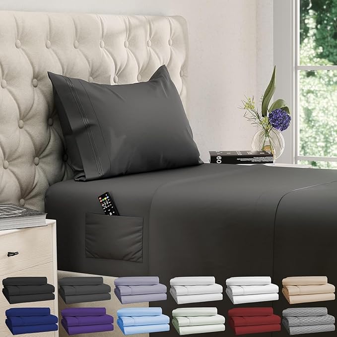 DREAMCARE Twin XL Sheet Sets – 3pcs Cooling Sheets – up to 15” Deep Pocket Twin XL Sheets Set – Hotel Luxury Sheets & Pillowcases – Superior Softness 100% Fine Microfiber with Side Pocket – Gray