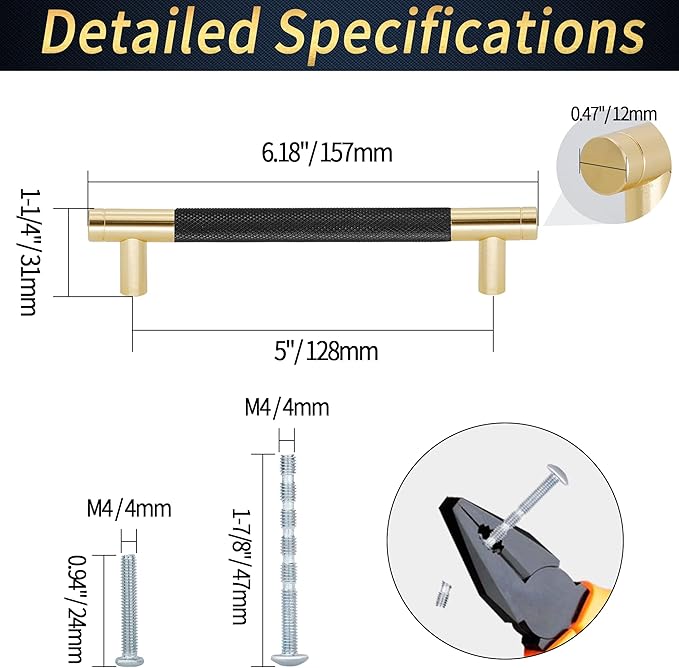 Knurled Cabinet Pulls 25 Pack, 6 Inch Long Cabinet Handles Metal Door Pulls, Kitchen Drawer Pull Knurled Dresser Handles - 5" Hole to Hole, Black & Gold