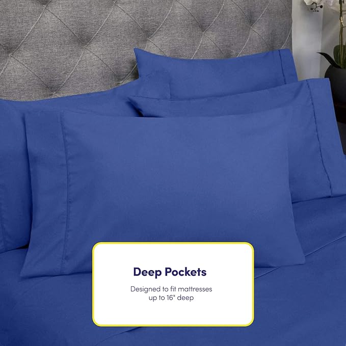 Sweet Home Collection 6 Piece 1500 Supreme Collection Brushed Microfiber Deep Pocket Sheet Set-2 Extra Pillow Cases, Great Value, Rv Short Queen, Royal Blue
