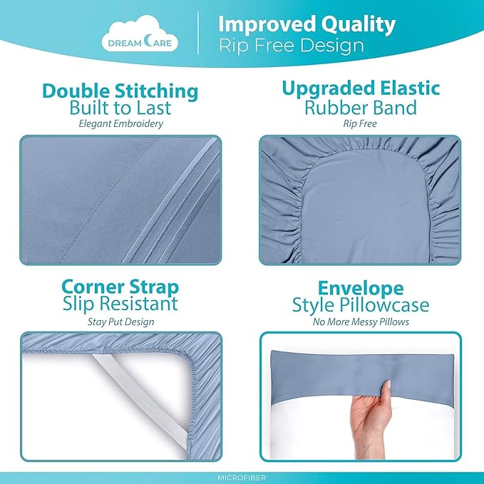 DREAMCARE Queen Sheet Set – 6 pcs Cooling Bed Sheets – up to 21” Deep Pocket Queen Sheets Set – 2500 Supreme Collection – Extra Soft 100% Brushed Microfiber Hotel Luxury with Side Pocket – L Blue