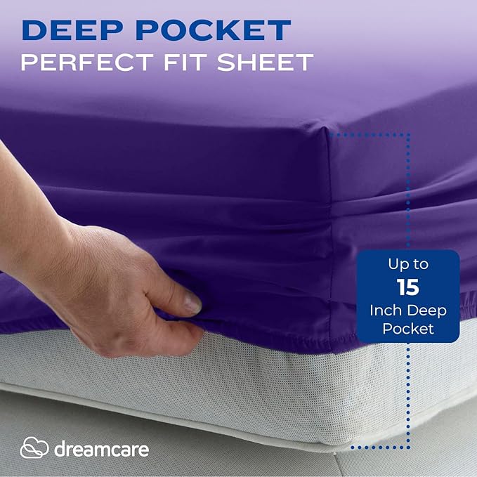 DREAMCARE California King Sheet Sets - Cooling Bed Sheets - 4pcs Set - up to 15" Deep Pocket Cal King Sheets - California King Sheets - Soft & Lasting 100% Brushed Polyester with Side Pocket - Purple
