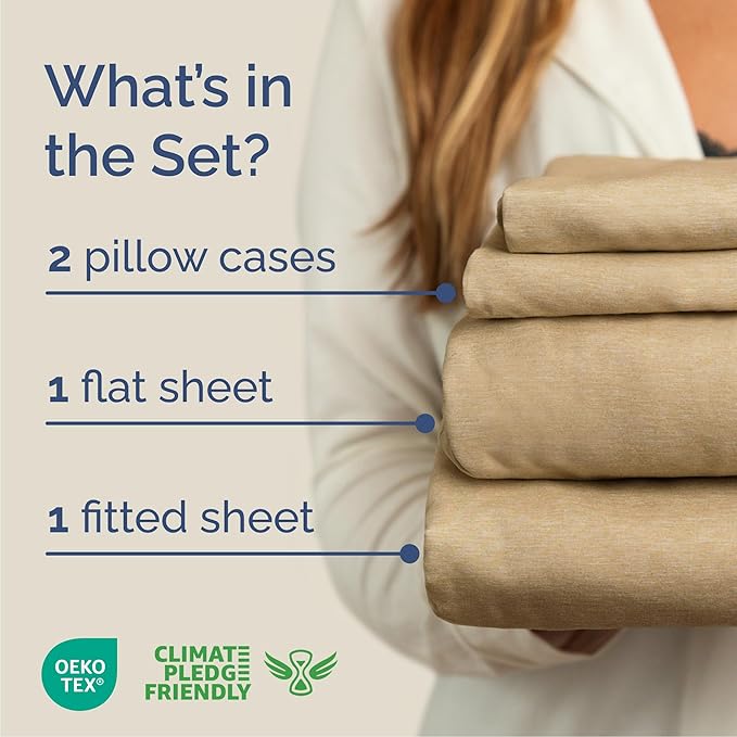 Cal King Size 4 Piece Sheet Set - Comfy Breathable & Cooling Bed Sheets Set - Hotel Luxury Bedding for Women, Men, Kids, Teens, Boys & Girls - Deep Pockets and Wrinkle Free - Tan (Heathered Sheets)