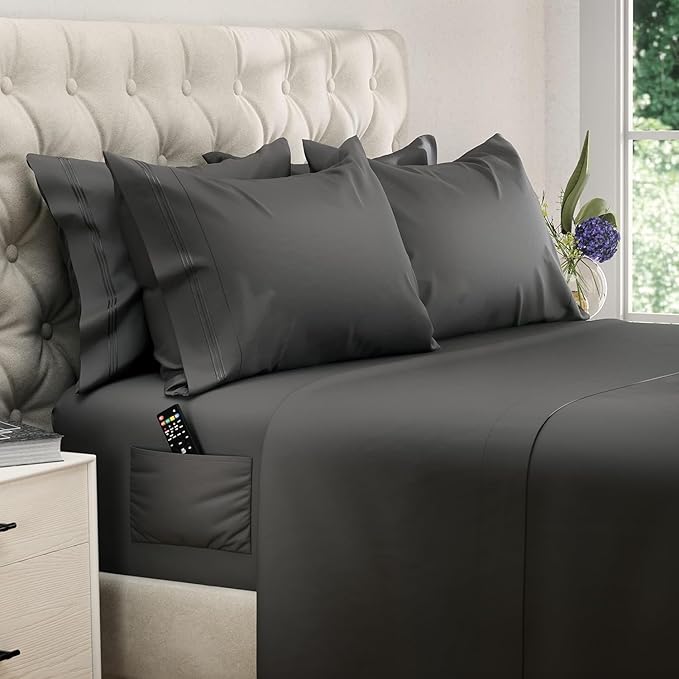 DREAMCARE King Size Sheets Set – 6 pcs Cooling Bed Sheets – up to 15” Deep Pocket King Sheet Set – 2500 Supreme Collection – Extra Soft 100% Brushed Microfiber Hotel Luxury with Side Pocket – Gray