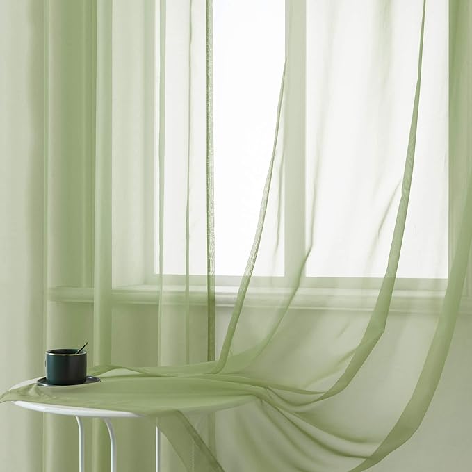 DUALIFE Sage Green Sheer Curtains 45 Inch Length for Kitchen Window 2 Panels Set Home Decoration Spring Window Treatments for Living Room Bathroom Dining Room St Patric Day Decor 52X45 Inhces Long