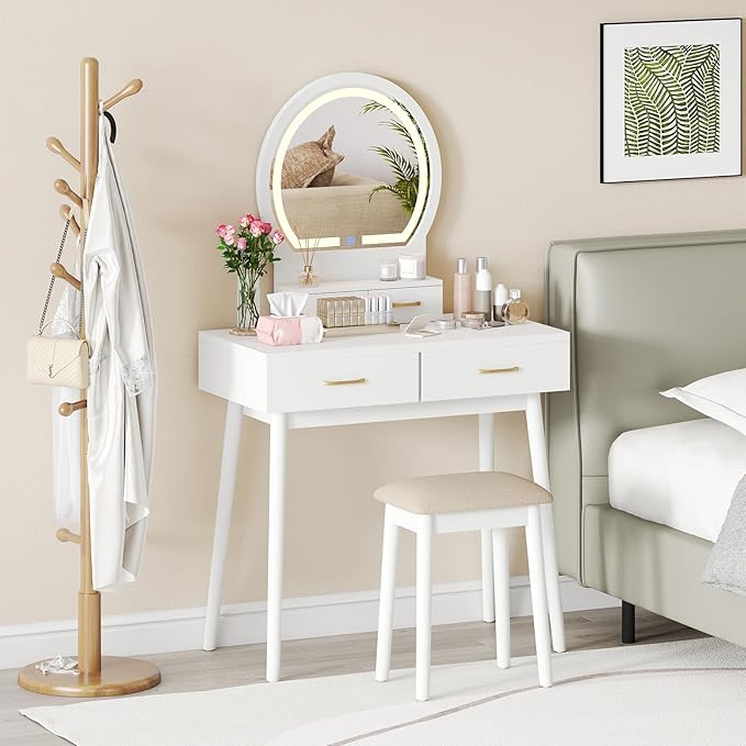 CHARMAID Vanity Desk with Mirror and Lights, Modern Makeup Vanity Table with 4 Drawers, 3-Color Dimmable LED Mirror, Girls Dressing Table and Stool Set for Small Bedroom (White)