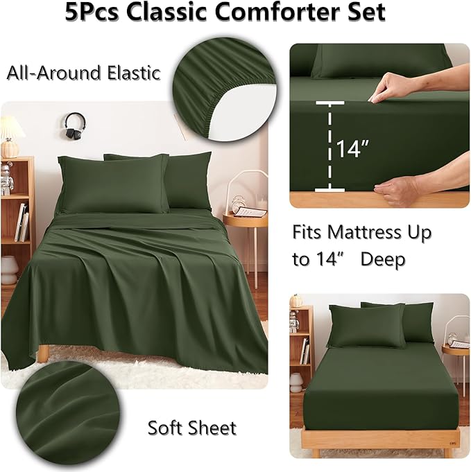 CozyLux Twin XL Comforter Set Olive Green - 5 Pieces Twin Extra Long Bed in a Bag for College Dorm, All Season Bedding Set for Girls and Boys, Soft Bed Set with Comforter, Sheets, Pillowcase & Sham