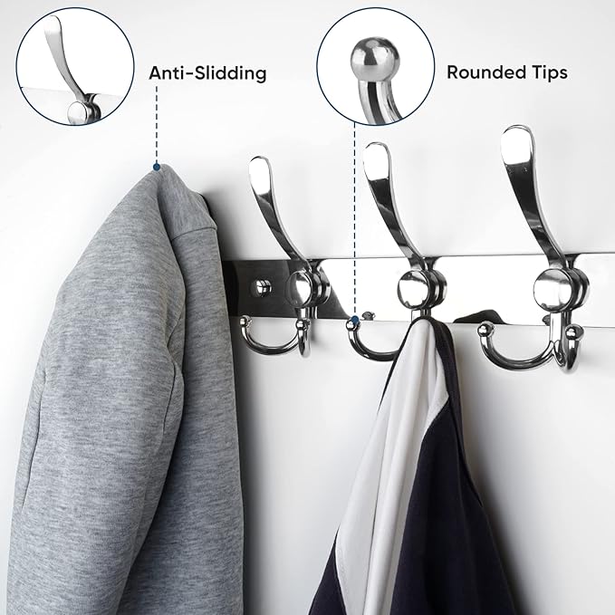 TICONN Wall Mounted Coat Rack, Five Heavy Duty Tri Hooks All Metal Construction for Jacket Coat Hat in Mudroom Entryway (Chrome, 2-Pack)