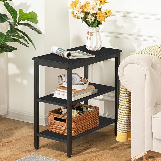 HOOBRO End Table, Simple Rustic Side Table with 3-Tier Storage Shelf, Narrow Nightstand for Small Spaces, Easy Assembly, for Living Room, Bedroom, Metal, Industrial Design, Black BB14BZ01