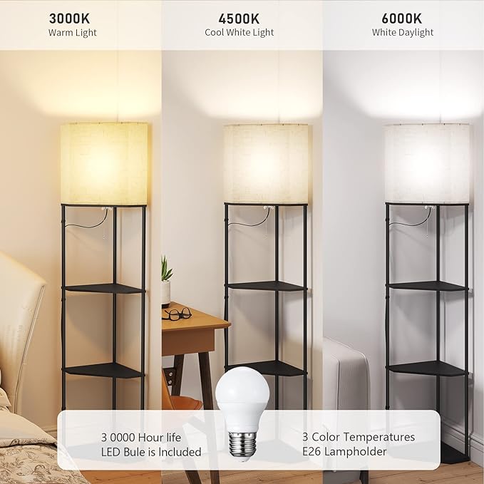 SUNMORY Sector Corner Shelf Lamp 3 Color Temperatures LED Bulb,Corner Lamps with Linen Lampshade, Floor Lamps for Living Room, Bedroom, Study, Black Standing Lamp with Shelves
