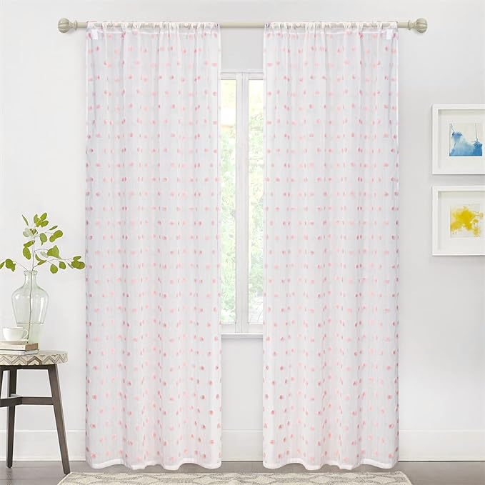 MYSKY HOME Pom Pom Sheer Curtains for Girls Bedroom Pink Curtains for Nursery 90 Inch Long Living Room Curtains 2 Panels Light Filtering Rod Pocket Semi Window Drapes 52 x 90 inch