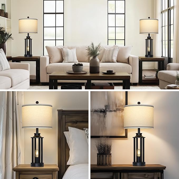 27.5" Black Farmhouse Table Lamps Set of 2, Tall Vintage Lamps for Living Room with USB A+C Charging Ports & AC Outlet, Rustic Bedside Lamp with Night Light, Bedroom Lamp for Nightstand Side End Table