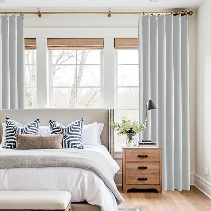 KangBang Blackout Pinch Pleated Curtains 90 Inches Long for Bedroom, Linen Woven Textured Pleated Drapes 2 Panels for Living Room Office, Sun Blocking Neutral Window Treatments,42x90 Inch, Light Grey