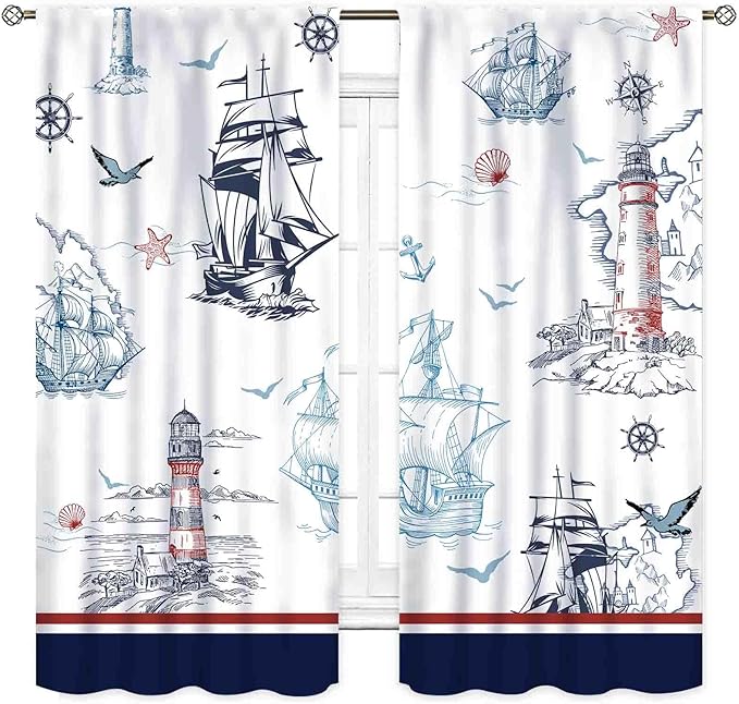 Nautical Curtains, Vintage Marine Coastal Sailboat Compass Anchor Ocean Beach Lighthouse Watercolor Blue Decorative Drapes for Bedroom Living Room Kitchen Bathroom Window 2 Panels, 63"x63" Inch