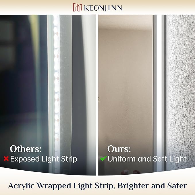 Keonjinn 47.8 x 24 Inch LED Bathroom Mirror with Backlit, Dimmable Vanity Mirror with Lights, High Lumen, Anti-Fog, CRI90+, UL Listed LED Driver, HD Tempered Glass
