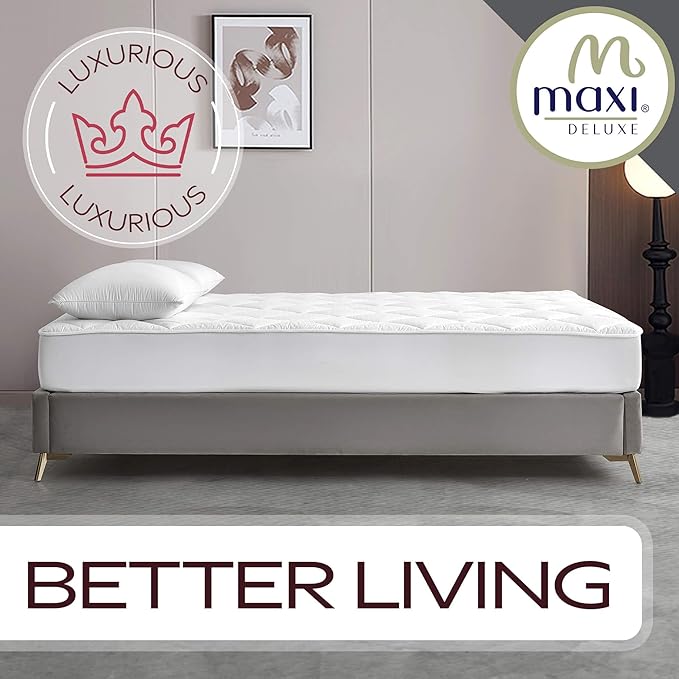 MAXI Twin Size Mattress Pad - Luxurious Cotton Sateen Mattress Protector - Soft, Comfortable, and Breatheable Mattress Cover - Mattress Pad Protects Mattress from Dust, Dirt, Spills, and Stains.