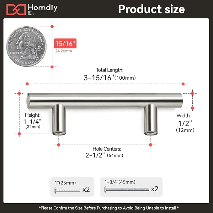 homdiy 25 Pack |Cabinet Handles Brushed Nickel Cabinet Pulls Cabinet Hardware 2-1/2in Hole Centers Drawer Pulls Kitchen Cupboard Euro T Bar Dresser Pulls 201SN