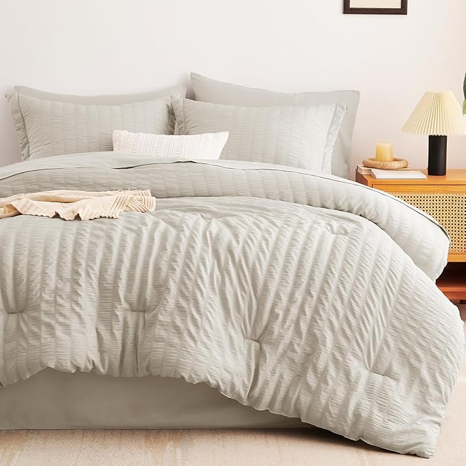CozyLux King Size Comforter Set Beige Seersucker 7 Pieces Bed in a Bag King Comforter Set with Sheets, Luxury Soft Bedding Set with Down Alternative Comforter, Sheets, Pillowcases & Shams All Seasons