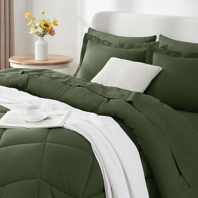 CozyLux Queen Comforter Set Olive Green - Bed in a Bag Queen Size 7 Pieces, Luxury Soft Bed Set for All Seasons, Bedding Set with Down Alternative Comforter, Sheets, Pillowcases & Shams