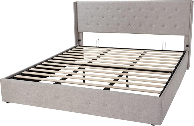 Allewie King Size Lift Up Storage Bed, Button Tufted Headboard with Wingback, Hydraulic Support, No Box Spring Needed, Light Beige