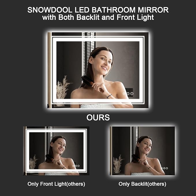 LED Bathroom Mirror, 55"X36" with Front and Backlit, Anti-Fog, Large Bathroom Vanity Mirror for Wall, Memory Function, Stepless Dimmable, Tempered Glass (Horizontal/Vertical)