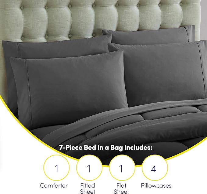 California King Comforter Set - Soft & Breathable 7-Piece Bedding Collection - 1 Comforter, 1 Fitted Sheet, 1 Flat, 4 Pillowcases - Deep Pocket - Premium Quality - Ideal for All Seasons, Gray