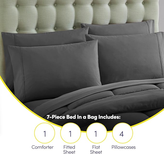 Queen Comforter Set with Sheets - 7-Piece Bedding Collection - 1 Comforter, 1 Fitted Sheet, 1 Flat, 4 Pillowcases - Deep Pocket - Soft & Breathable Premium Quality - Ideal for All Seasons, Gray