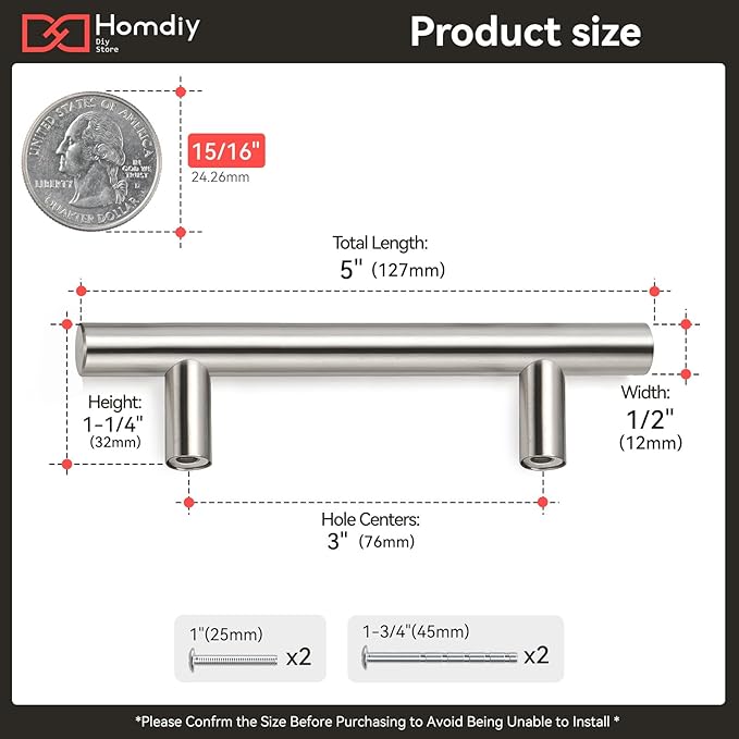 homdiy 20Pack 3 Inch Brushed Nickel Cabinet Pulls Modern Cabinet Handles - Brushed Nickel Drawer Pulls Stainless Steel Cabinet Hardware,5 Inch Overall Cabinet Door Handles for Cabinets,Cupboard