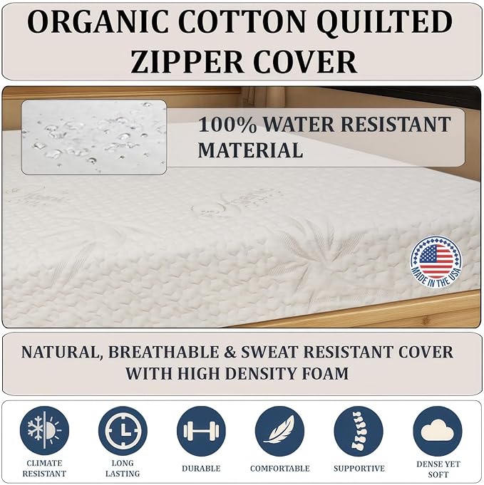 Foamma 8” x 35” x 79” Camper/RV Travel High-Density Bunk Mattress, Washable Organic Cotton Cover, Made in USA, Comfortable, Travel Trailer, CertiPUR-US Certified