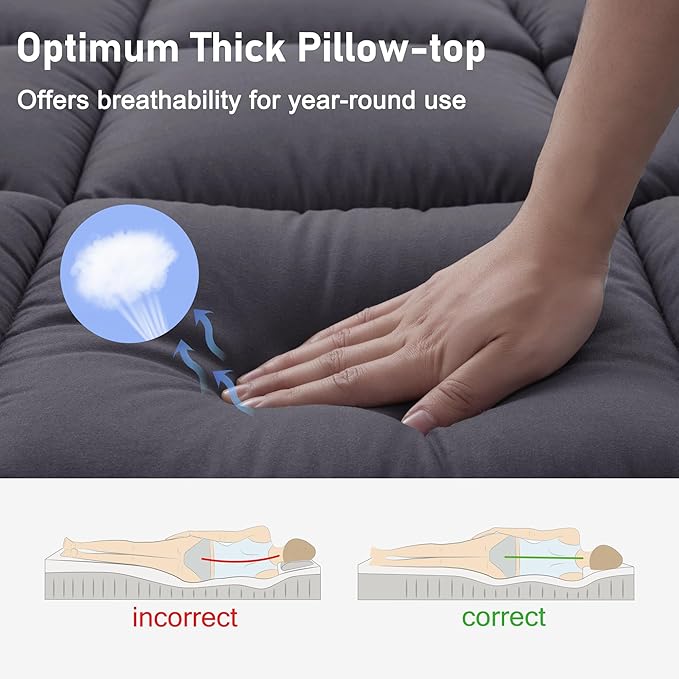 Twin XL Mattress Topper Extra Thick Pillowtop Cooling Plush Mattress Pad Cover Protector with 8-21 Inch Deep Pocket 3D Snow Down Alternative Fill Grey
