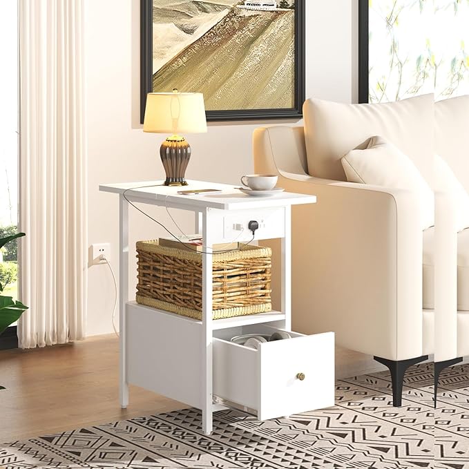 LIDYUK End Table with Charging Station, Narrow Side Table with Drawer and USB Ports & Power Outlets, Nightstand Bedside Tables for Small Spaces, Bedroom, Living Room, White