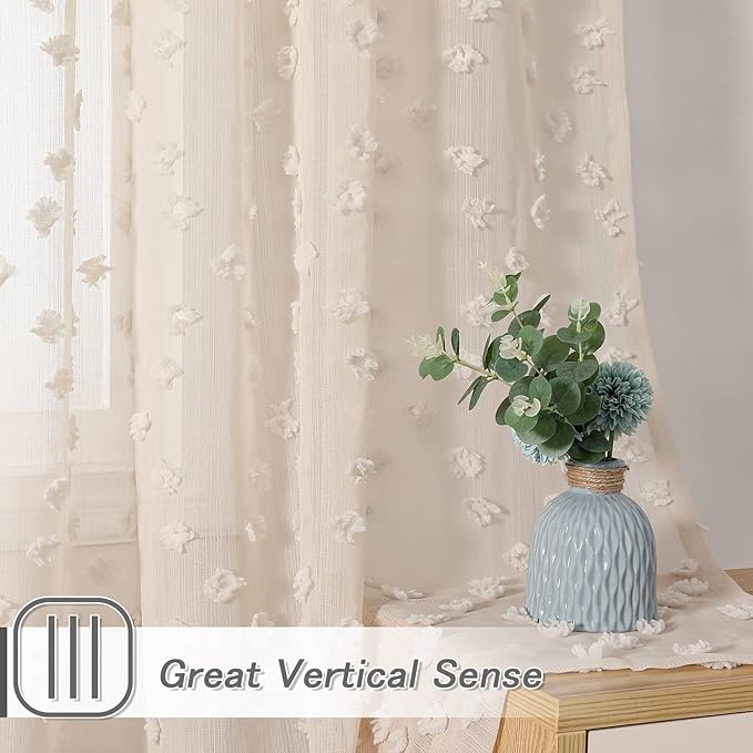 MYSKY HOME Beige Sheer Short Curtains with Pom Pom for Small Windows Bedroom Nursery Kids Girls Room Curtains Cafe Kitchen Light Filtering Boho Drapes, Rod Pocket,52 x 45 Inches, 2 Panels