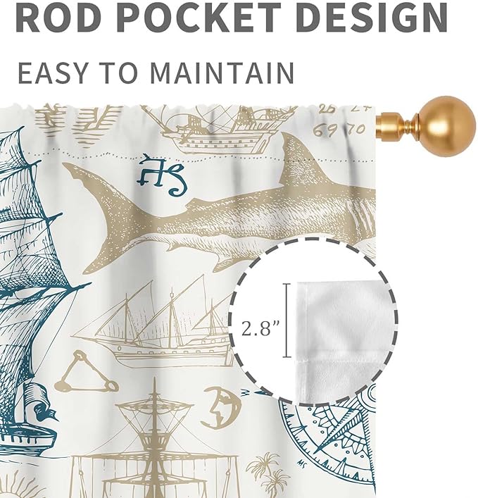 Vintage Nautical Curtains, Marine Coastal Sailboat Compass Anchor Ocean Beach Whale Old Pirate Map Decorative Drapes for Bedroom Living Room Kitchen Bathroom Window 2 Panels Set, 55"x63" Inch