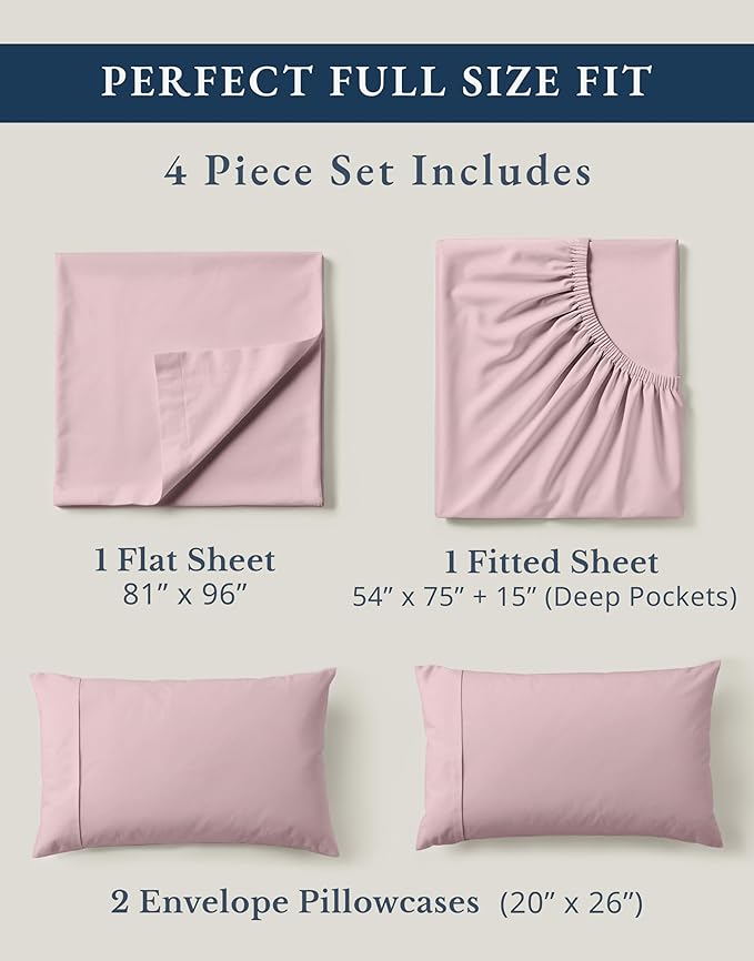 LANE LINEN 100% Organic Cotton Sheets Full Size Bed, Machine Washable Fully Elasticized Low Pill Fade Resistant Cotton Sheets, Soft & Comfy Percale Eco Friendly sábanas Full -Sepia Rose