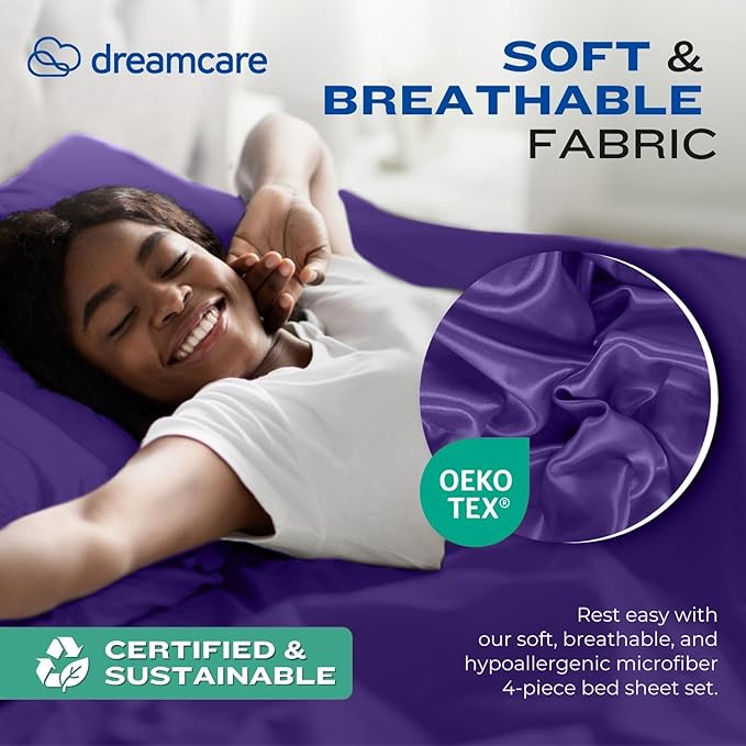 DREAMCARE Twin XL Sheet Set - Cooling Bed Sheets - 4pc Set - up to 15" Deep Pocket - Soft & Long Lasting 100% Fine Brushed Polyester with Side Pocket - Purple
