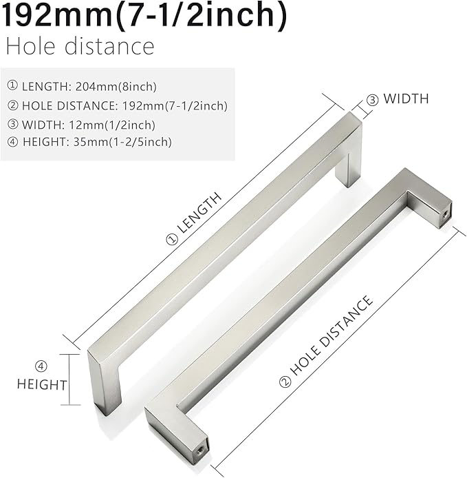 Cabinet Pulls Brushed Nickel Cabinet Handles Square Drawer Pulls, 2 Pack 7-1/2 Inch Stainless Steel Kitchen Door Cupboard Cabinet Handles, Cabinet Hardware Drawer Handles, 192mm Hole Centers