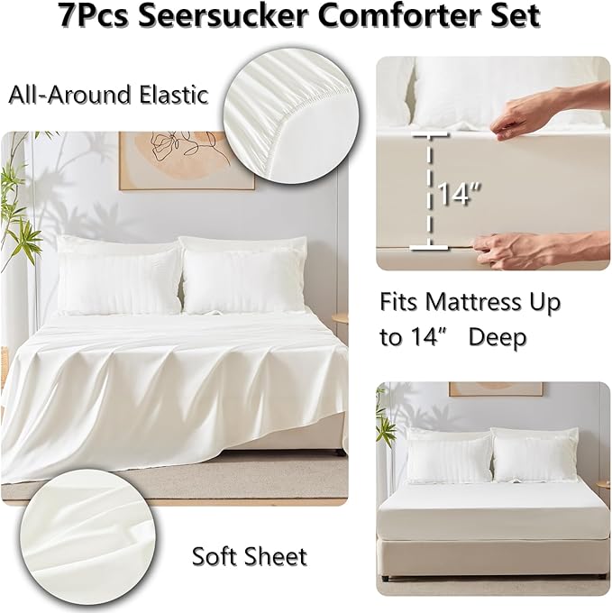 CozyLux King Size Comforter Set Ivory Seersucker 7 Pieces Bed in a Bag King Comforter Set with Sheets, Luxury Soft Bedding Set with Down Alternative Comforter, Sheets, Pillowcases & Shams All Seasons