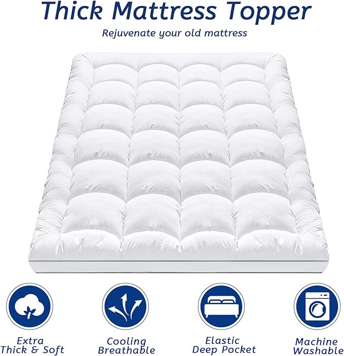 Queen Size Mattress Topper for Back Pain, Cooling Extra Thick Mattress Pad Cover with 8-21 inch Deep Pocket, Plush Pillow Top Mattress Topper Overfilled with Down Alternative, Queen Size, White