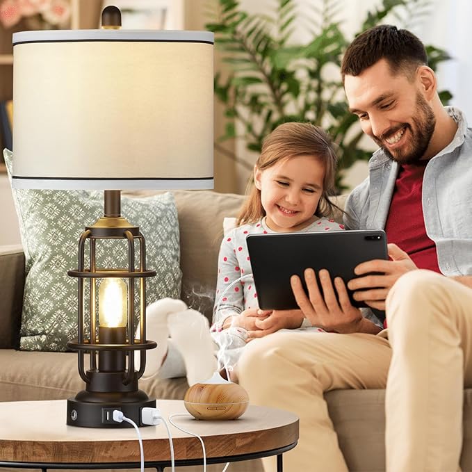 Modern Table Lamps Set of 2, Industrial 3-Way Dimmable Bedside Lamp with USB A+C Ports & AC Outlet, 25" Touch Control Nightstand Lamp LED Night Light for Living Room Bedroom Home(4 Bulbs Included)