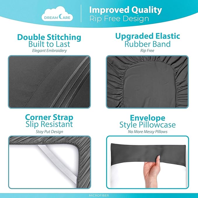 DREAMCARE Twin XL Sheet Sets - 4pc Cooling Sheets XL Twin Sheets - Twin XL up to 21” Deep Pocket – Hotel Luxury Extra Long 100% Brushed Microfiber with Side Pocket - D. Gray
