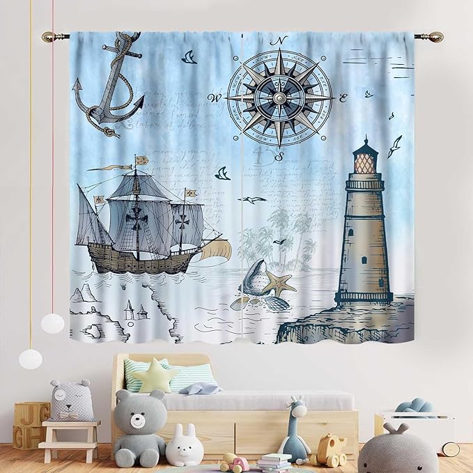 Nautical Curtains, Vintage Marine Coastal Sailboat Compass Anchor Ocean Beach Lighthouse Watercolor Blue Decorative Drapes for Bedroom Living Room Kitchen Bathroom Window 2 Panels Set, 63"x72" Inch