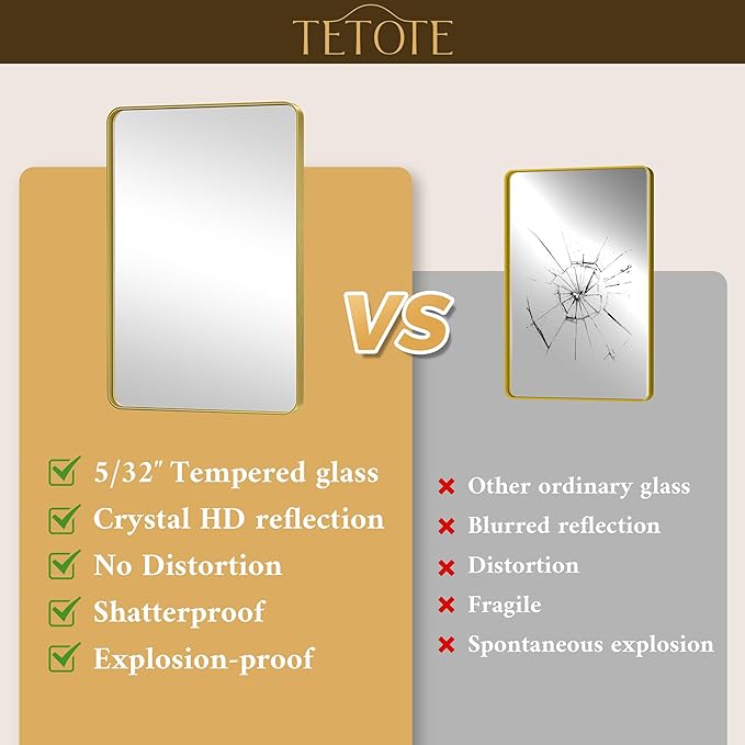 TETOTE Gold Vanity Mirror 42 x 36 Brushed Gold Metal Framed Vanity Mirror, Tempered Glass, Modern Farmhouse Wall Mounted Mirrors for Decorative(Horizontal/Vertical)