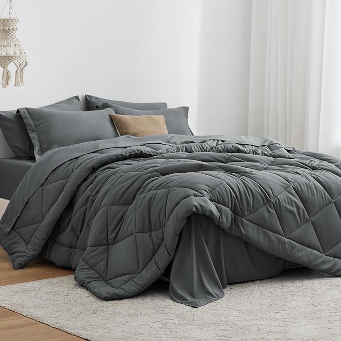 Love's cabin Full Comforter Set Dark Grey, 7 Pieces Full Bed in a Bag, All Season Bedding Sets with 1 Comforter, 1 Flat Sheet, 1 Fitted Sheet, 2 Pillowcase and 2 Pillow Sham