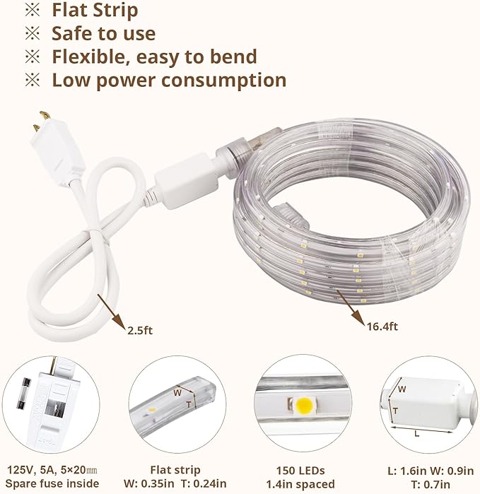 LED Rope Lights, 16.4 Feet Green Flat Flexible Strip Light, Plug in Novelty Lighting, Connectable and Waterproof for Home Christmas Holiday Garden Patio Party Decoration