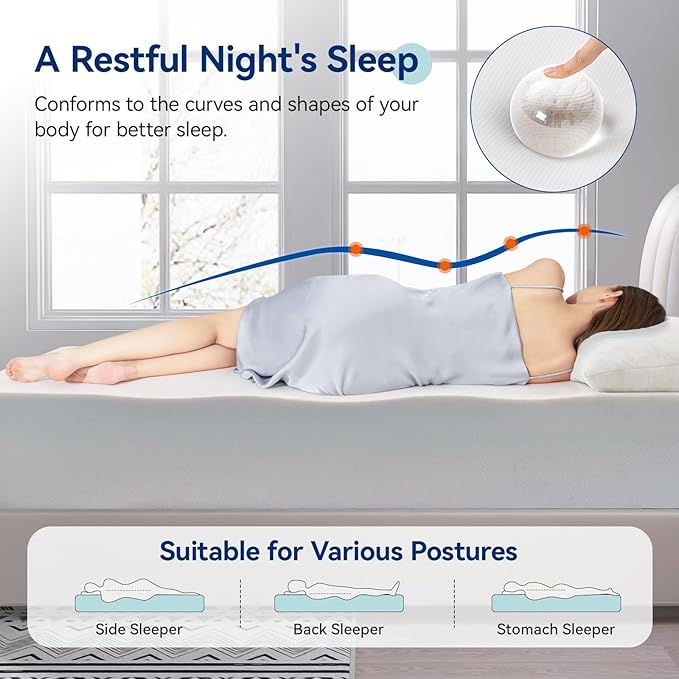 Amazon Basics Memory Foam Mattress, Soft Plush Feel, California King, White/Grey, 84 x 72 x 12 inches (LxWxH)