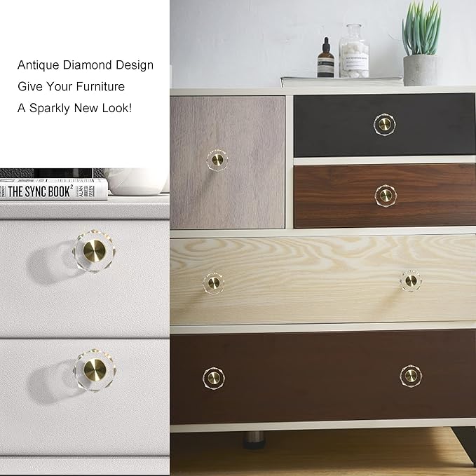 QOGRISUN 5-Pack Brass Crystal Cabinet Knobs,Glass Crystal Gold Drawer Knobs,1-1/4-Inch Polygon,Decorative Dresser Pulls, Modern Cabinet Hardware